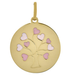 PENDENTIF ARBRE DE VIE LAQUE ROSE ET BLANC OR 18